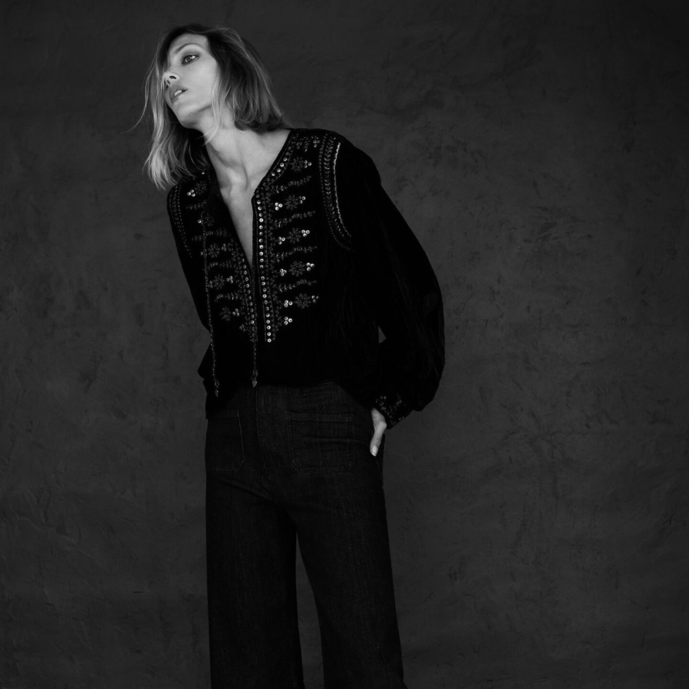 NWOT Zara Black Velvet Blouse with Embroidered Detailing